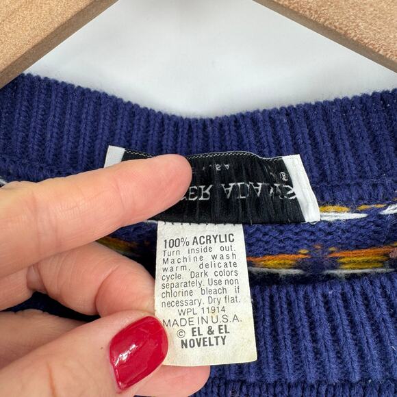 Vintage Jennifer Adams Cat Sweater Blue Fair Isle Knit USA Made Acrylic - Picture 4 of 6